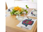 Tovagliette Abakuhaus Hamsa, Hippie Boho Mano Di Fatima Con Simbolo Della Pace Nel Palmo Della Mano Arte Etnica Asiatica, Tiscjdeco In Tessuto Resistente Al Lavaggio Per La Sala Da Pranzo E La Cucina, Giallo Rosa Blu