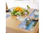 Tovagliette Da Viaggio Abakuhaus, Isola Caraibica Con Palme E Oceano, Stampa Esotica, Tiscjdeco In Tessuto Resistente Al Lavaggio Per Sala Da Pranzo E Cucina, Crema E Blu