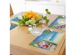 Abakuhaus Tovagliette Natalizie, Babbo Natale Con Pantaloncini Sulla Spiaggia E Tavola Da Surf Tema Natalizio Solare E Caldo, Decorazioni Da Tavola In Tessuto Resistente Al Lavaggio Per La Sala Da Pranzo E La Cucina, Verde Blu