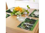 Tovagliette Abakuhaus Con Cascata, Doppie Cascate Che Scorrono Verso Un Lago Verde Naturale Con Cespugli Ed Erba Come Una Stampa Da Giardino, Tiscjdeco In Tessuto Resistente Al Lavaggio Per La Sala Da Pranzo E La Cucina, Verde