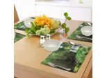 Tovagliette Abakuhaus Waterfall, Cascata Primaverile Nascosta Nella Foresta Con Fiori Botanici E Raggi Di Sole, Tiscjdeco In Tessuto Resistente Al Lavaggio Per La Sala Da Pranzo E La Cucina, Bianco E Verde