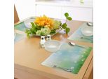 Tovagliette Abakuhaus Con Motivi Floreali, Primavera Fiabesca Che Sboccia Su Uno Sfondo Astratto Con Motivi Digitali, Tiscjdeco In Tessuto Resistente Al Lavaggio Per La Sala Da Pranzo E La Cucina, Verde Blu