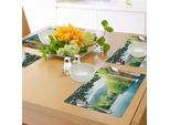 Tovagliette Abakuhaus Con Motivo Cascata, Paesaggio Lacustre Croato Nel Bosco Con Sfondo Montuoso, Tiscjdeco In Tessuto Resistente Al Lavaggio Per Sala Da Pranzo E Cucina, Verde E Blu