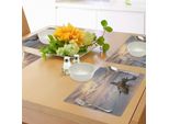 Abakuhaus Tovagliette In Legno Galleggiante, Alba Sull'acqua E Legno Galleggiante Sulla Spiaggia Sabbiosa Stampa Digitale, Tiscjdeco In Tessuto Resistente Al Colore Per La Sala Da Pranzo E La Cucina, Giallo E Marrone Chiaro