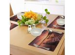 Tovagliette Abakuhaus Arancioni, Vecchio Molo Rustico Sulla Spiaggia E Romantico E Tranquillo Concetto Di Cielo Al Tramonto Scenografico, Tiscjdeco In Tessuto Resistente Al Colore Per La Sala Da Pranzo E La Cucina, Arancione