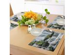 Tovagliette Abakuhaus Cascata, Maestosa Cascata Bloccata Da Enormi Rocce Ricoperte Di Muschio Foto, Tiscjdeco In Tessuto Resistente Al Lavaggio Per La Sala Da Pranzo E La Cucina, Bianco, Nero E Verde