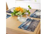 Tovagliette Abakuhaus In Legno Galleggiante, Tema Vista Mare Rocky Sea Shore Con Immagine Di Tronco D'albero Galleggiante E Cielo Nuvoloso, Decorazione Da Tavola In Tessuto Resistente Al Lavaggio Per Sala Da Pranzo E Cucina, Beige E Blu