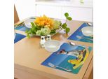 Tovagliette Abakuhaus Con Paperelle Da Bagno, Cane Con Occhiali Da Sole E Paperella Di Gomma Su Tavola Da Surf Sulla Riva Dell'oceano - Divertimento Estivo, Decorazioni Da Tavola In Tessuto Resistente Ai Colori Per La Sala Da Pranzo E La Cucina, Multicolore