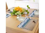 Tovagliette Abakuhaus In Legno Galleggiante, Tema Marino Legno Galleggiante Sulla Spiaggia Sabbiosa E Cielo Nuvoloso Stampa In Stile Digitale, Decorazione Da Tavola In Tessuto Resistente Al Colore Per La Sala Da Pranzo E La Cucina, Marrone Sabbia Blu