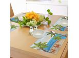 Tovagliette Abakuhaus Con Granchi, Illustrazione In Stile Caricaturale Di Palme E Granchi Su Sfondo Di Spiaggia E Cielo Nuvoloso, Tiscjdeco In Tessuto Resistente Al Lavaggio Per Sala Da Pranzo E Cucina, Beige Acquamarina