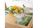 Abakuhaus Tovagliette Fantasia, Donna Nel Prato Fiorito Davanti Al Vecchio Castello Rosso Sullo Sfondo Di Maestose Montagne, Tovaglietta Decorativa In Tessuto Resistente Al Lavaggio Per La Sala Da Pranzo E La Cucina, Verde Rosso