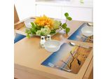 Tovagliette Abakuhaus In Legno Galleggiante, Legno Galleggiante Lavato Sulla Costa Sabbiosa All'alba - Immagine Digitale, Tiscjdeco In Tessuto Resistente Al Colore Per La Sala Da Pranzo E La Cucina, Marrone Sabbia E Blu
