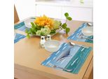 Tovagliette Abakuhaus Wal, Paesaggio Estivo Soleggiato Sull'oceano Con Enorme Balena Che Salta, Grafica In Stile Cartone Animato, Tiscjdeco In Tessuto Resistente Al Lavaggio Per La Sala Da Pranzo E La Cucina, Blu