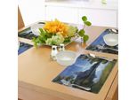 Tovagliette Fantasia Abakuhaus, Scena Lunare Surreale Con Lago, Foresta E Castello Medievale Su Una Collina, Tiscjdeco In Tessuto Resistente Ai Colori Per La Sala Da Pranzo E La Cucina, Verde E Blu