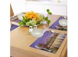 Tovagliette Abakuhaus New York, Splendido Skyline Di Manhattan Broadway, Vecchio Quartiere Turistico Country Print, Tiscjdeco In Tessuto Resistente Ai Colori Per La Sala Da Pranzo E La Cucina, Viola Giallo