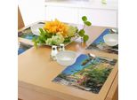 Abakuhaus Tovagliette Paesaggio, Grazioso Villaggio Mediterraneo In Pietra Con Alberi, Fiori, Montagne E Mare, Tiscjdeco In Tessuto Resistente Ai Colori Per La Sala Da Pranzo E La Cucina, Multicolore