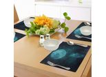 Abakuhaus Tovagliette, Luna Su Cielo Stellato Universo Cosmo Tema Spaziale Crepuscolo Mistico Paesaggio Celeste, Tiscjdeco In Tessuto Resistente Al Lavaggio Per Sala Da Pranzo E Cucina, Blu Petrolio