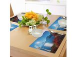 Tovagliette Abakuhaus Natur, Giappone Autunno Soleggiato Autunno Piante Paesaggio Con Alberi Montagne E Mare Panorama, Tiscjdeco In Tessuto Resistente Al Colore Per La Sala Da Pranzo E La Cucina, Blu E Rosso