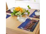 Abakuhaus New York Tovagliette, Nyc, Che Non Dorme Mai Riflessi Sull'east River Di Manhattan Immagine Della Città Stampa Fotografica, Tiscjdeco In Tessuto Resistente Al Colore Per La Sala Da Pranzo E La Cucina, Rosa Blu