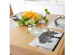 Tovagliette Abakuhaus Baum, Silhouette Di Un Albero Con Illustrazione Di Fiori E Erba Monocromatica, Tiscjdeco In Tessuto Resistente Al Lavaggio Per La Sala Da Pranzo E La Cucina, Bianco E Nero