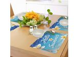Tovagliette Abakuhaus Lifestyle, Citazione "Ciao Estate"" Con Palma, Fiori Di Plumeria Sopra L'illustrazione Dell'oceano, Tiscjdeco In Tessuto Resistente Al Colore Per La Sala Da Pranzo E La Cucina, Blu"