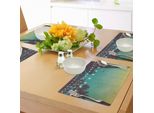 Tovagliette Abakuhaus Natur, Disegno Notturno Con Lanterna E Palma Su Spiaggia Al Tramonto, Tiscjdeco In Tessuto Resistente Al Lavaggio Per Sala Da Pranzo E Cucina, Multicolore