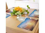 Tovagliette Abakuhaus Sunrise, Orizzonte Magico, Vista Sul Mare, Baia, Oceano, Fascino Costiero, Cielo, Tranquilla Immagine Estiva, Tiscjdeco In Tessuto Resistente Al Colore Per La Sala Da Pranzo E La Cucina, Arancione E Blu