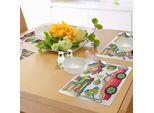 Tovagliette Per Bambini Abakuhaus, Divertente Design Con Treno, Auto, Aereo, Clacson, Palla, Pneumatico E Personaggi Dei Cartoni Animati, Tiscjdeco In Tessuto Resistente Al Lavaggio Per La Sala Da Pranzo E La Cucina, Multicolore