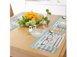 Tovagliette Abakuhaus, Gatto Hipster Con Occhiali, Cuori E Strisce E Citazione Artistica, Tiscjdeco In Tessuto Resistente Al Lavaggio Per Sala Da Pranzo E Cucina, Bianco, Rosa E Blu
