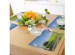 Tovagliette Abakuhaus Natur, Paesaggio Rurale Con Campo Di Fiori, Alberi E Paesaggio Idilliaco, Tiscjdeco In Tessuto Resistente Al Colore Per La Sala Da Pranzo E La Cucina, Verde Mela E Azzurro.