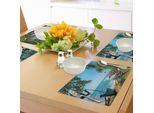 Tovagliette Da Spiaggia Abakuhaus, Paesaggio Tropicale Oceanico Con Palme E Barche Da Pesca Caribbean Landscape, Tiscjdeco In Tessuto Resistente Ai Colori Per La Sala Da Pranzo E La Cucina, Verde E Blu