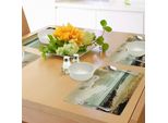 Abakuhaus Tovagliette Paesaggio, Paesaggio Islandese Vicino All'oceano Con Nuvole, Sassi, Aria Nebbiosa, Foto, Tiscjdeco In Tessuto Resistente Al Colore Per La Sala Da Pranzo E La Cucina, Beige Seppia Verde Acqua