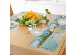 Abakuhaus Tovagliette Tropicali, Isola Delle Maldive Con Spiaggia, Piattaforma In Legno, Palme, Immagine Esotica Di Vacanza, Tiscjdeco In Tessuto Resistente Al Lavaggio Per La Sala Da Pranzo E La Cucina, Verde Felce, Turchese, Acquamarina