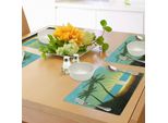 Tovagliette Abakuhaus Insel, Illustrazione Artistica Con Alba In Un Luogo Tropicale E Sagome Di Palme, Tiscjdeco In Tessuto Resistente Al Colore Per La Sala Da Pranzo E La Cucina, Verde Limone Seafoam
