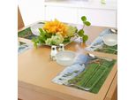 Tovagliette Abakuhaus Natur, La Giraffa Pascola Sull'erba Sullo Sfondo Di Un Paesaggio Montuoso Tropicale, Tiscjdeco In Tessuto Resistente Al Lavaggio Per La Sala Da Pranzo E La Cucina, Verde Felce, Azzurro, Cannella