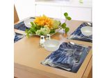 Tovagliette Fantasia Abakuhaus, Isola Con Antico Castello, Luna Piena, Cielo Nuvoloso, Tempo Nebbioso, Tiscjdeco In Tessuto Resistente Al Lavaggio Per Sala Da Pranzo E Cucina, Blu Scuro, Grigio, Bianco