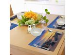 Abakuhaus Tovagliette Sunset, Orizzonte Cielo Sulla Spiaggia Con Rocce Surreal Tropical Serene Landscape, Tiscjdeco In Tessuto Resistente Al Lavaggio Per Sala Da Pranzo E Cucina, Blu Reale Calendula Viola