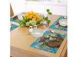 Tovagliette Abakuhaus Blu, Stile Steampunk E Western Con Illustrazione Di Un Cowboy Robot Che Fa Il Gesto Ok, Tiscjdeco In Tessuto Resistente Ai Colori Per La Sala Da Pranzo E La Cucina, Blu Petrolio E Marrone