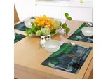 Abakuhaus Tovagliette Nordlicht, Pinguini Su Un Lago Ghiacciato Con Albero Di Natale Noel Arctic Circle Design, Tiscjdeco In Tessuto Resistente Al Lavaggio Per La Sala Da Pranzo E La Cucina, Verde Lime Grigio
