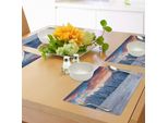 Tovagliette Abakuhaus Natur, Winter Snowy Mountain Valley Con Pini, Tramonto, Cielo E Paesaggio Idilliaco, Tiscjdeco In Tessuto Resistente Allo Scolorimento Per La Sala Da Pranzo E La Cucina, Azzurro Cielo E Salmone