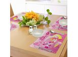 Abakuhaus Tovagliette Rosa, Una Ragazza Con Le Ali Seduta Sulla Luna Un Castello Con Unicorno E Stampa Con Illustrazioni Di Stelle, Stampa Digitale Su Tessuto Lavabile Decorazioni Per La Tavola Cucina, Rosa