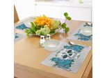 Tovagliette Abakuhaus Con Teschi, Testa Di Scheletro Con Dettagli Paisley Orientali, Foglie Di Rosa E Design Etnico, Tiscjdeco In Tessuto Resistente Al Lavaggio Per La Sala Da Pranzo E La Cucina, Verde Felce, Bianco E Verde Acqua.