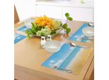 Tovagliette Da Spiaggia Abakuhaus, Vista Mare Con Cielo Soleggiato E Nuvole Rilassanti Illustrazione Di Una Giornata Estiva, Decorazione Da Tavola In Tessuto Resistente Ai Colori Per La Sala Da Pranzo E La Cucina, Marrone Sabbia, Azzurro Cielo E Bianco