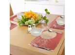 Tovagliette Abakuhaus Primavera, Illustrazione In Stile Giapponese Con Rami Di Ciliegio In Fiore Sulla Luna, Tiscjdeco In Tessuto Resistente Al Lavaggio Per La Sala Da Pranzo E La Cucina, Giallo Chiaro, Rosso Corallo, Prugna