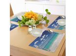 Tovagliette Abakuhaus Tropical, Spiaggia Estiva Con Cielo Meraviglioso, Rilassati In Vacanza, Panorama Costiero Sereno, Tiscjdeco In Tessuto Resistente Al Lavaggio Per Sala Da Pranzo E Cucina, Turchese Bianco Blu