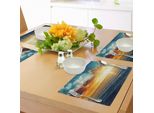 Tovagliette Abakuhaus Ocean, Majestic Tramonto Sul Mare Scenic Idyllic Aquatic View Immagine Mattutina, Tessuto Lavabile Sala Da Pranzo Cucina Decorazione Tavola Stampa Digitale, Turchese Arancione