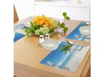 Tovagliette Abakuhaus Con Motivi Paesaggistici, Stampa Con Grafica Caraibica Delle Maldive, Spiaggia, Isola, Oceano E Palme, Tiscjdeco In Tessuto Resistente Al Lavaggio Per Sala Da Pranzo E Cucina, Azzurro, Bianco E Verde