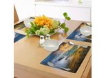Abakuhaus Tovagliette Paesaggio, Paesaggio Rurale Alba Montagne Nebbiose Nuvole Alberi Erba Selvatica Campo Foto, Tiscjdeco In Tessuto Resistente Al Colore Per La Sala Da Pranzo E La Cucina, Giallo Verde Blu