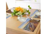 Tovagliette Da Tavola Abakuhaus, Sandy Calm Beach Ocean Waves Tranquilla Costa Impostazione Sole, Tiscjdeco In Tessuto Resistente Al Lavaggio Per La Sala Da Pranzo E La Cucina, Giallo Chiaro Marrone Chiaro Azzurro