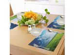 Tovagliette Abakuhaus Natur, Immagine Rinfrescante Di Meadow Valley Sotto Un Cielo Soleggiato Con Nuvole, Primavera, Erba E Campagna, Tiscjdeco In Tessuto Resistente Al Lavaggio Per La Sala Da Pranzo E La Cucina, Verde Lime E Azzurro